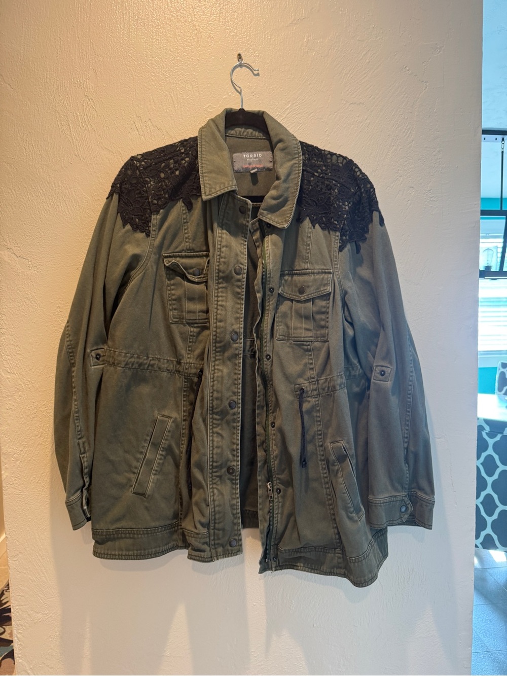 torrid Olive Green Utility Jacket with Black Lace Shoulders